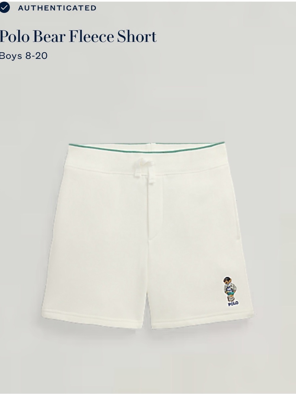 Polo by Ralph Lauren White Bear Fleece Shorts with Green Waist Trim
